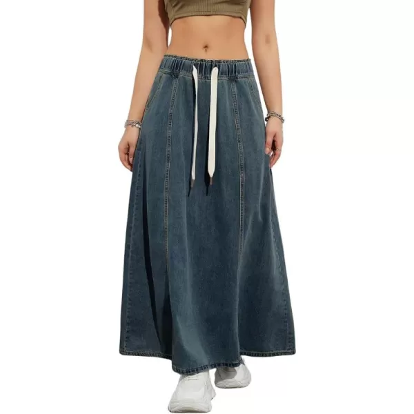 chouyatou Womens Casual Paperbag Elastic High Waist A Line Long Maxi Flare Denim SkirtDark Blue