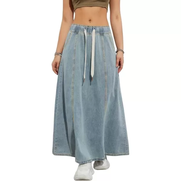 chouyatou Womens Casual Paperbag Elastic High Waist A Line Long Maxi Flare Denim SkirtLight Blue