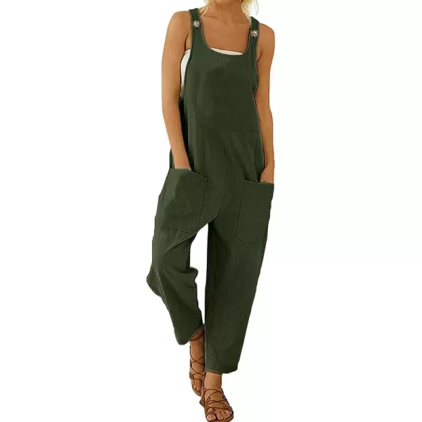 chouyatou Womens Casual Sleeveless Loose Lightweight Embroider Baggy Suspender Linen Overalls Jumpsuits with PocketArmy Green