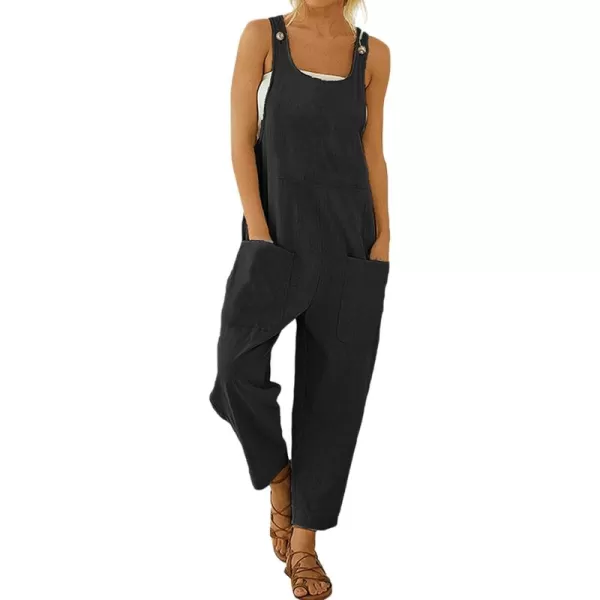 chouyatou Womens Casual Sleeveless Loose Lightweight Embroider Baggy Suspender Linen Overalls Jumpsuits with PocketBlack