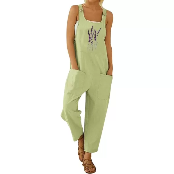 chouyatou Womens Casual Sleeveless Loose Lightweight Embroider Baggy Suspender Linen Overalls Jumpsuits with PocketGreen