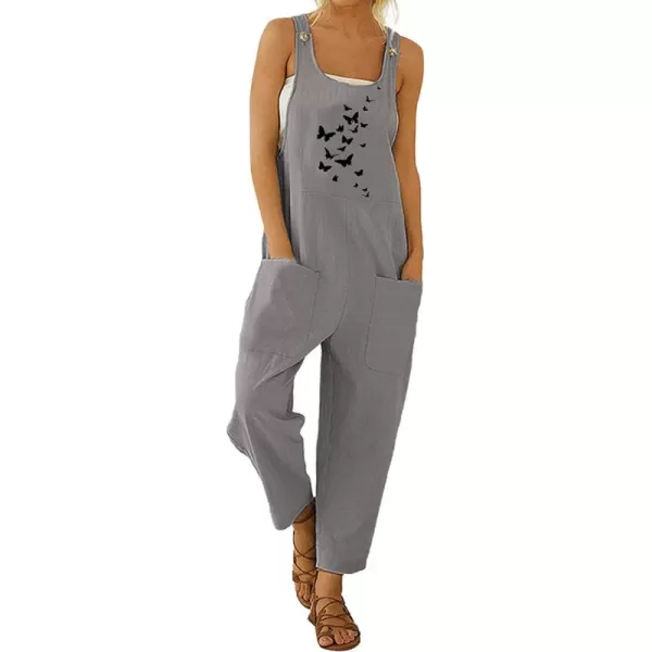 chouyatou Womens Casual Sleeveless Loose Lightweight Embroider Baggy Suspender Linen Overalls Jumpsuits with PocketGrey