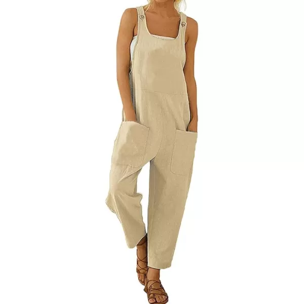 chouyatou Womens Casual Sleeveless Loose Lightweight Embroider Baggy Suspender Linen Overalls Jumpsuits with PocketKhaki