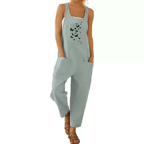 chouyatou Womens Casual Sleeveless Loose Lightweight Embroider Baggy Suspender Linen Overalls Jumpsuits with PocketLblue