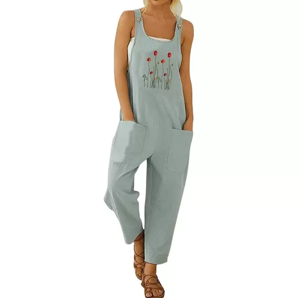 chouyatou Womens Casual Sleeveless Loose Lightweight Embroider Baggy Suspender Linen Overalls Jumpsuits with PocketLight Blue
