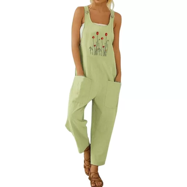 chouyatou Womens Casual Sleeveless Loose Lightweight Embroider Baggy Suspender Linen Overalls Jumpsuits with PocketLight Green