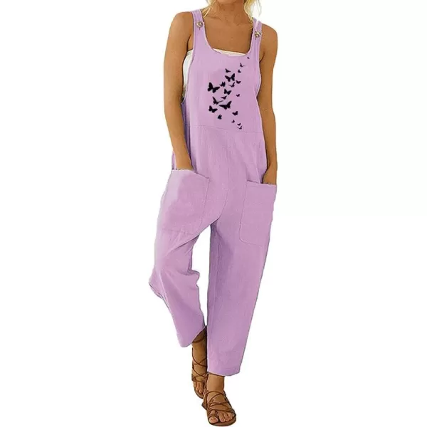 chouyatou Womens Casual Sleeveless Loose Lightweight Embroider Baggy Suspender Linen Overalls Jumpsuits with PocketLilac