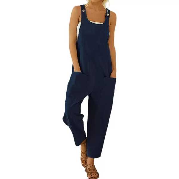 chouyatou Womens Casual Sleeveless Loose Lightweight Embroider Baggy Suspender Linen Overalls Jumpsuits with PocketNavy Blue