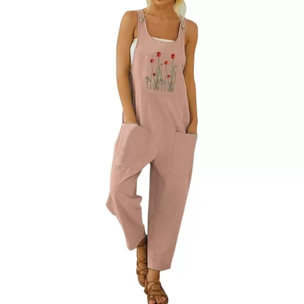 chouyatou Womens Casual Sleeveless Loose Lightweight Embroider Baggy Suspender Linen Overalls Jumpsuits with PocketPink