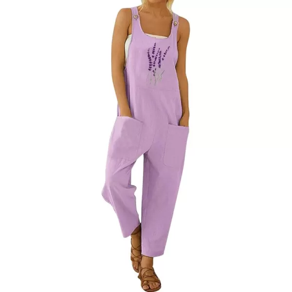 chouyatou Womens Casual Sleeveless Loose Lightweight Embroider Baggy Suspender Linen Overalls Jumpsuits with PocketPurple