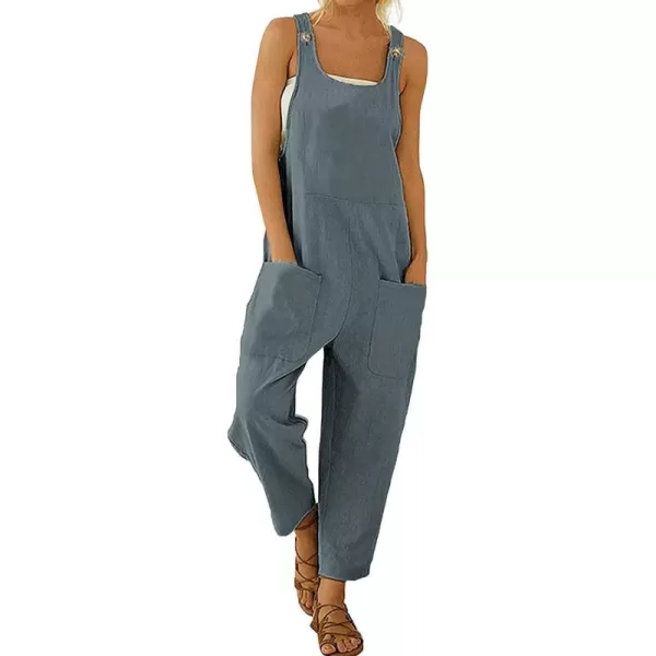 chouyatou Womens Casual Sleeveless Loose Lightweight Embroider Baggy Suspender Linen Overalls Jumpsuits with PocketSolid Grey