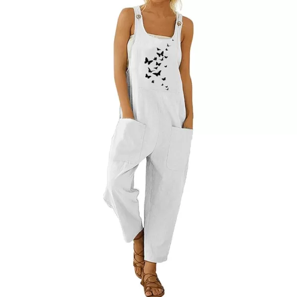 chouyatou Womens Casual Sleeveless Loose Lightweight Embroider Baggy Suspender Linen Overalls Jumpsuits with PocketWhite