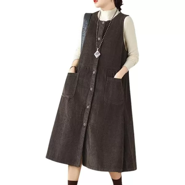 chouyatou Womens Corduroy Button Down Babydoll Tank Dress Crewneck Over Knee Long Overall Dress with PocketsCoffee
