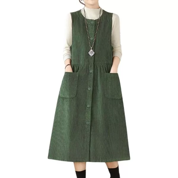 chouyatou Womens Corduroy Button Down Babydoll Tank Dress Crewneck Over Knee Long Overall Dress with PocketsDark Green