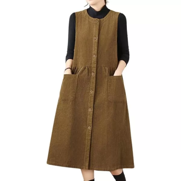 chouyatou Womens Corduroy Button Down Babydoll Tank Dress Crewneck Over Knee Long Overall Dress with PocketsKhaki Brown