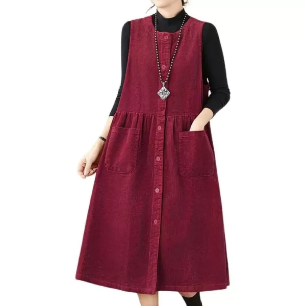 chouyatou Womens Corduroy Button Down Babydoll Tank Dress Crewneck Over Knee Long Overall Dress with PocketsRed