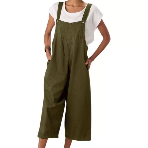 chouyatou Womens Cotton Linen Bib Overalls Front Eyelet Loose Fit Wide Leg Jumpsuit Pants with PocketsArmy Green