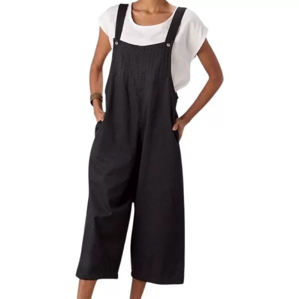 chouyatou Womens Cotton Linen Bib Overalls Front Eyelet Loose Fit Wide Leg Jumpsuit Pants with PocketsBlack