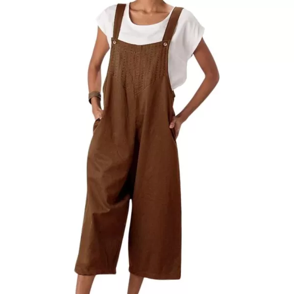 chouyatou Womens Cotton Linen Bib Overalls Front Eyelet Loose Fit Wide Leg Jumpsuit Pants with PocketsCoffee Brown