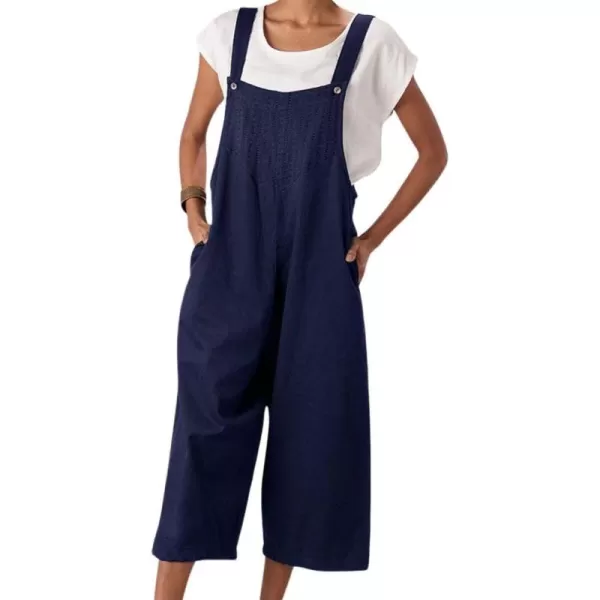 chouyatou Womens Cotton Linen Bib Overalls Front Eyelet Loose Fit Wide Leg Jumpsuit Pants with PocketsNavy Blue