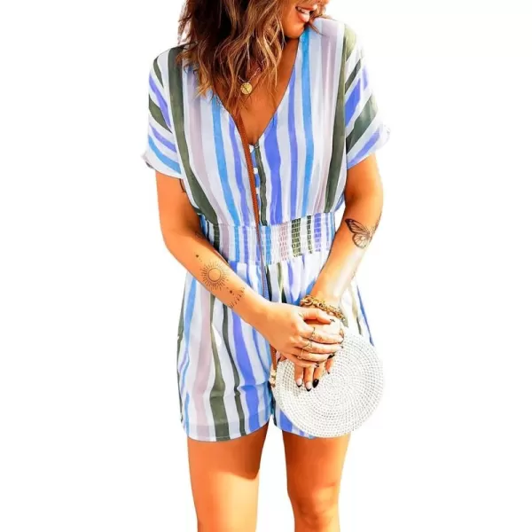 chouyatou Womens Cute Rainbow Striped Smocked Waist Button Jumpsuit Romper ShortsBlue