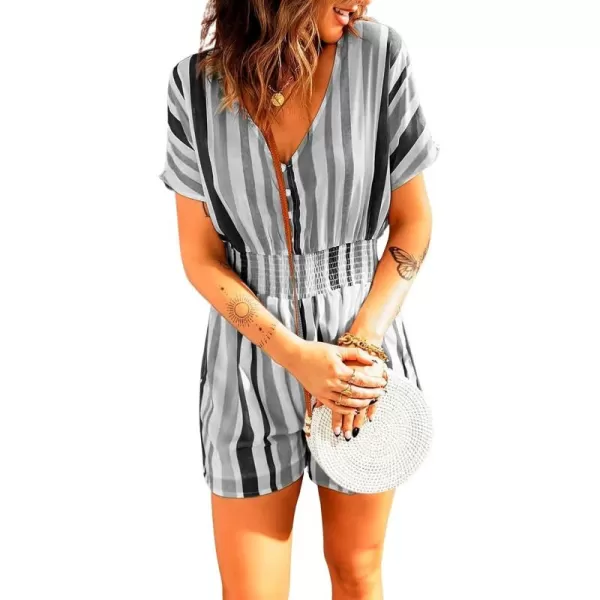 chouyatou Womens Cute Rainbow Striped Smocked Waist Button Jumpsuit Romper ShortsGray