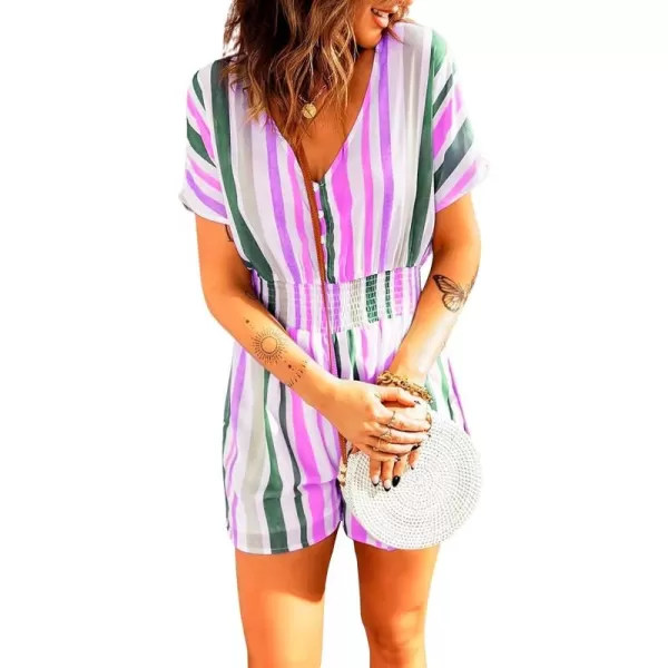 chouyatou Womens Cute Rainbow Striped Smocked Waist Button Jumpsuit Romper ShortsPurple