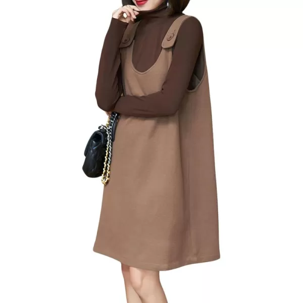 chouyatou Womens Cute Wool Blend Tunic Tank Dress Casual Suspender Strap Wool Jumper Overall Short DressKhaki
