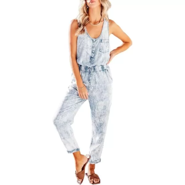 chouyatou Womens Denim Scoop Neck Sleeveless Drawstring Waist Jumpsuits Overall RompersAcidwash Blue