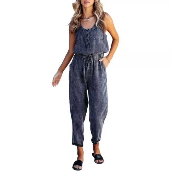 chouyatou Womens Denim Scoop Neck Sleeveless Drawstring Waist Jumpsuits Overall RompersCharcoal