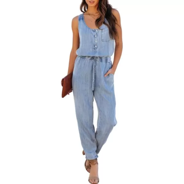 chouyatou Womens Denim Scoop Neck Sleeveless Drawstring Waist Jumpsuits Overall RompersLight Blue
