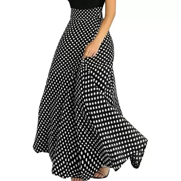 chouyatou Womens Elegant High Waisted Polka Dot A Line Pleated Swing Bohemian Maxi SkirtBlack
