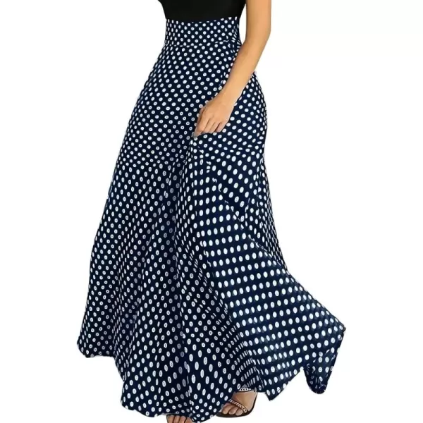 chouyatou Womens Elegant High Waisted Polka Dot A Line Pleated Swing Bohemian Maxi SkirtNavy Blue