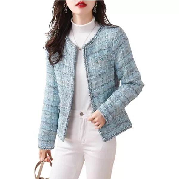 chouyatou Womens Elegant Open Front Tweed Jacket Slim Collarless Bussiness Casual Blazer JacketBlue