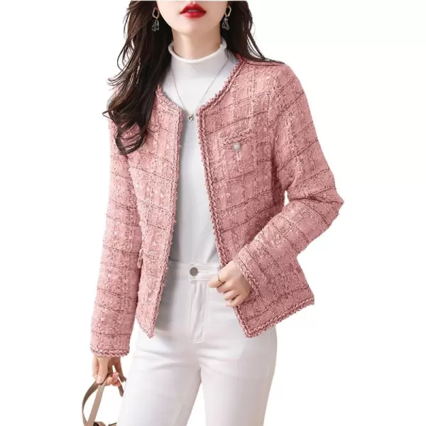 chouyatou Womens Elegant Open Front Tweed Jacket Slim Collarless Bussiness Casual Blazer JacketPink