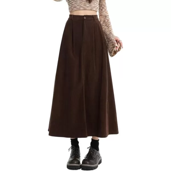 chouyatou Womens Fall Elastic High Waisted Corduroy Skirt ALine Pleated Winter Midi Long SkirtBrown
