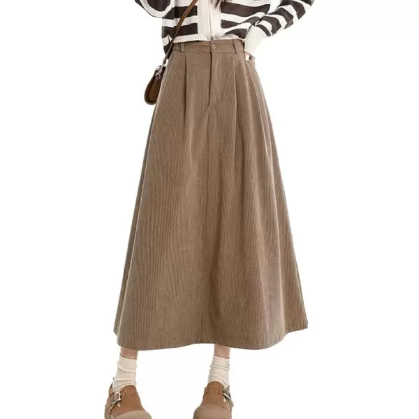 chouyatou Womens Fall Elastic High Waisted Corduroy Skirt ALine Pleated Winter Midi Long SkirtKhaki