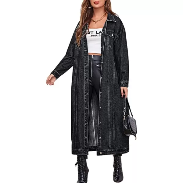 chouyatou Womens Fashion Spring Button Down Midi Long Denim Jean Jacket Trench CoatBlack