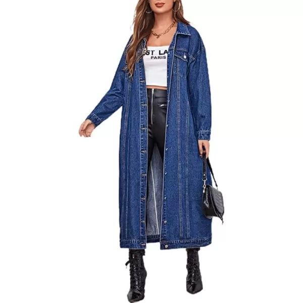 chouyatou Womens Fashion Spring Button Down Midi Long Denim Jean Jacket Trench CoatBlue