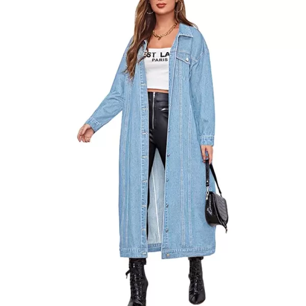 chouyatou Womens Fashion Spring Button Down Midi Long Denim Jean Jacket Trench CoatLight Blue