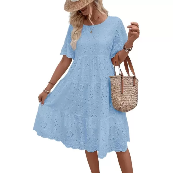 chouyatou Womens Lace Eyelet Short Sleeve Tiered Midi Long Dress Ruffle Hem Babydoll Short DressLight Blue