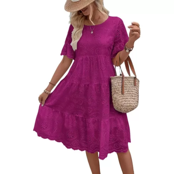 chouyatou Womens Lace Eyelet Short Sleeve Tiered Midi Long Dress Ruffle Hem Babydoll Short DressPurple