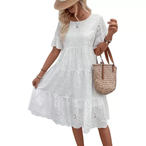 chouyatou Womens Lace Eyelet Short Sleeve Tiered Midi Long Dress Ruffle Hem Babydoll Short DressWhite