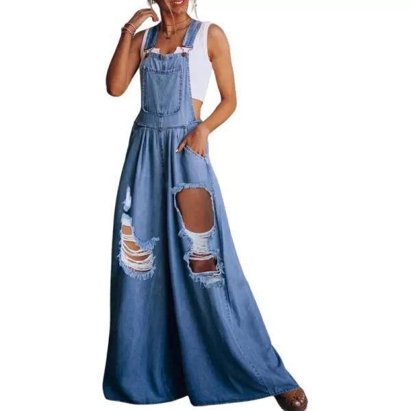 chouyatou Womens Loose Adjustable Strap Wide Leg Denim Bib Overall Jeans PantsRip Blue