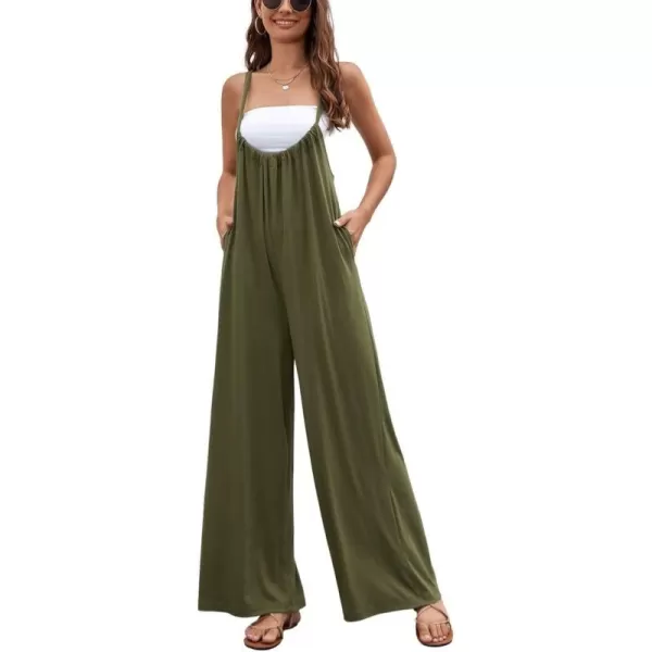 chouyatou Womens Spaghetti Strap Suspender Wide Leg Romper Jumpsuit Pants with PocketsArmy Green