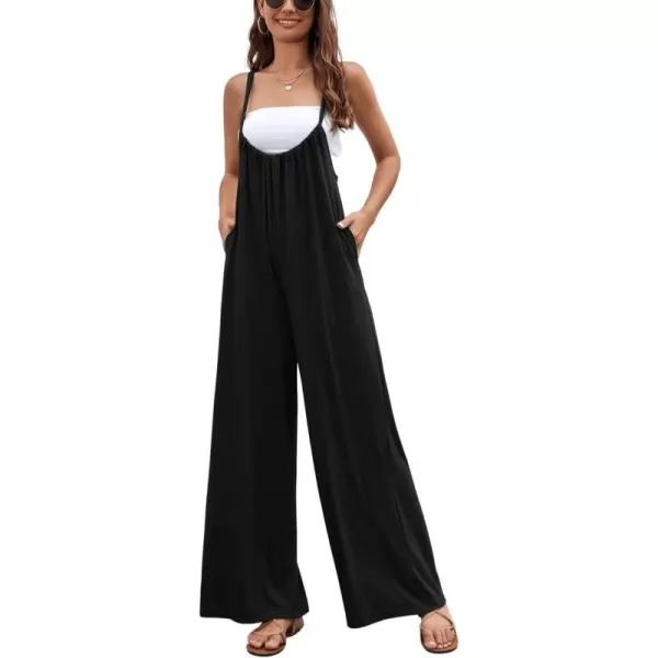chouyatou Womens Spaghetti Strap Suspender Wide Leg Romper Jumpsuit Pants with PocketsBlack
