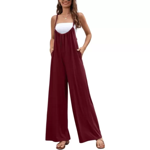 chouyatou Womens Spaghetti Strap Suspender Wide Leg Romper Jumpsuit Pants with PocketsWine Red