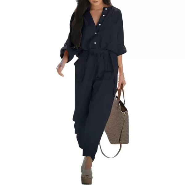 chouyatou Womens Spring Summer Long Sleeve Jumpsuits Casual Utility Jumpsuits Romper PantsBlack