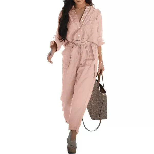 chouyatou Womens Spring Summer Long Sleeve Jumpsuits Casual Utility Jumpsuits Romper PantsPink