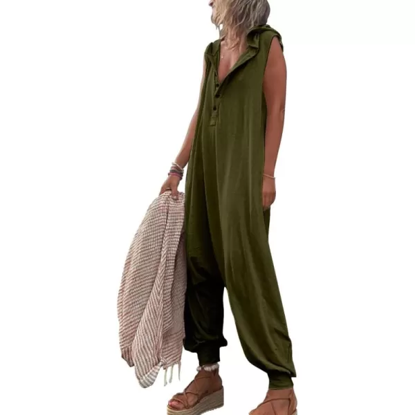 chouyatou Womens Summer Casual Hooded Jumpsuit Loose Half Button Tapered Leg Romper Overall PantsArmy Green